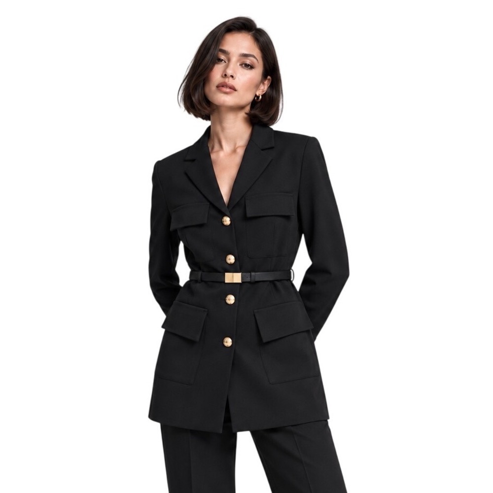 Zara Black Gold Button Belted Tailored Blazer Jacket M Longline Military